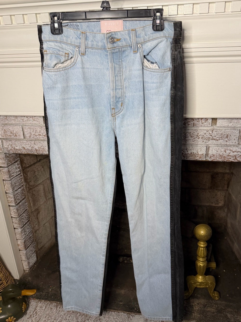 REVICE Two Tone Light Blue Black Denim Jeans with Pink Brand Patch and Red Heart